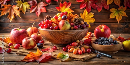 Wallpaper Mural Autumn Harvest A Rustic Still Life of Apples, Grapes, and Berries in a Wooden Bowl Adorned with Fall Foliage Torontodigital.ca