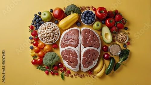 Wallpaper Mural Assorted food for brain health and good memory: fresh salmon, vegetables, nuts, berries on stone background. Healthy fresh products to boost brain power, top view with space for text Torontodigital.ca