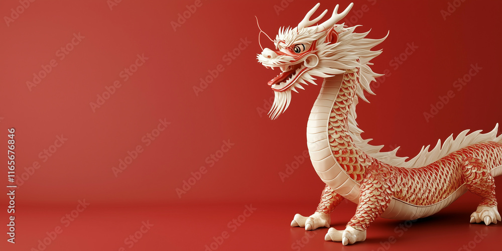 Obraz premium cute dragon with minimalist design and blank red background with chinese new year ornaments. lot of empty space for copy space, chinese new year celebration