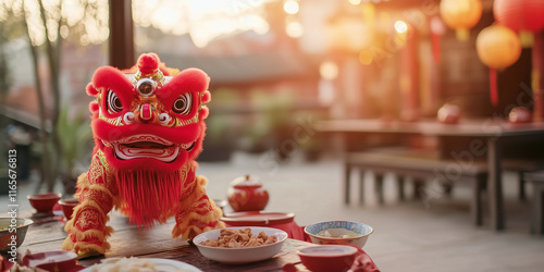 cute lion dance on the outdoor table full of dishes, minimalist design on blur background. lot of empty space for copy space, chinese new year celebration photo