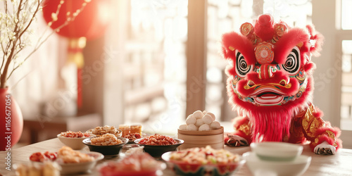 cute lion dance on the table with many food and minimalist design on blur background. lot of empty space for copy space, chinese new year celebration photo