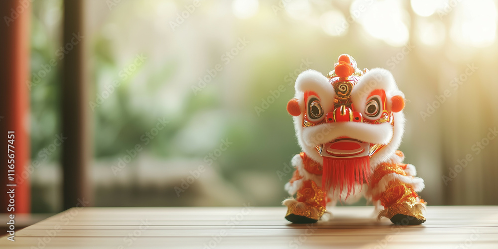 Fototapeta premium cute lion dance on the table with hanging red lanterns in golden hour ambience, minimalist design on blur background. lot of empty space for copy space, chinese new year celebration
