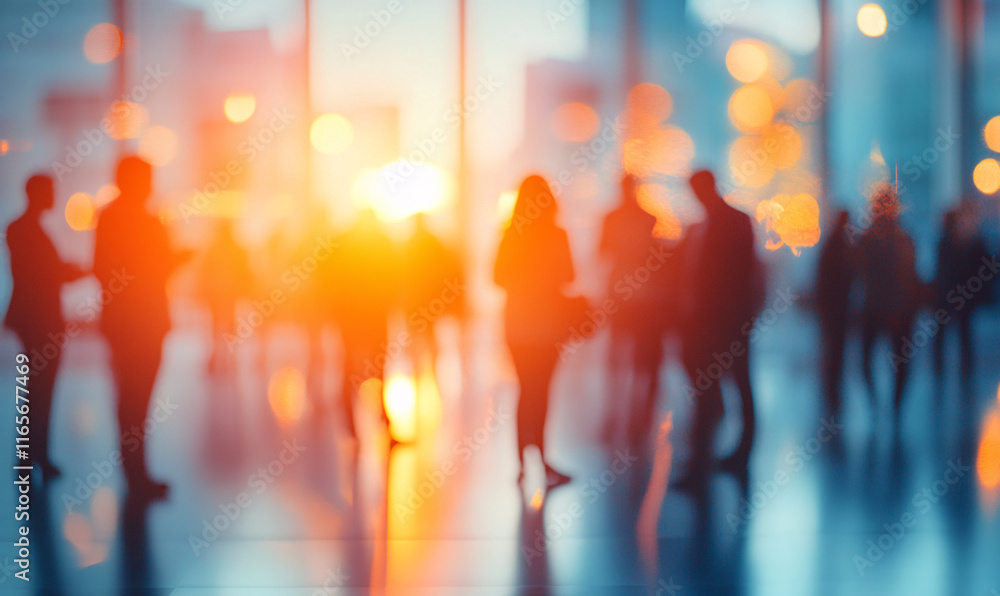 A vibrant networking event with business professionals engaging in conversation, blurred figures A vibrant networking event with business professionals engaging in conversation, blurred figures