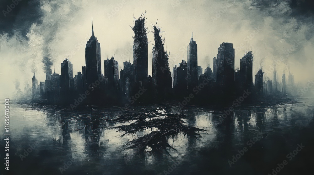 Obraz premium Ruined city skyline reflected in dark water.