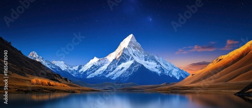 [Majestic mountain range with snowcapped peaks against clear blue sky] Serene Mountain Range Panorama with Reflections in Calm Lake