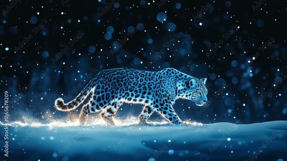 Fototapeta premium Blue Leopard Prowling Snowy Night Landscape