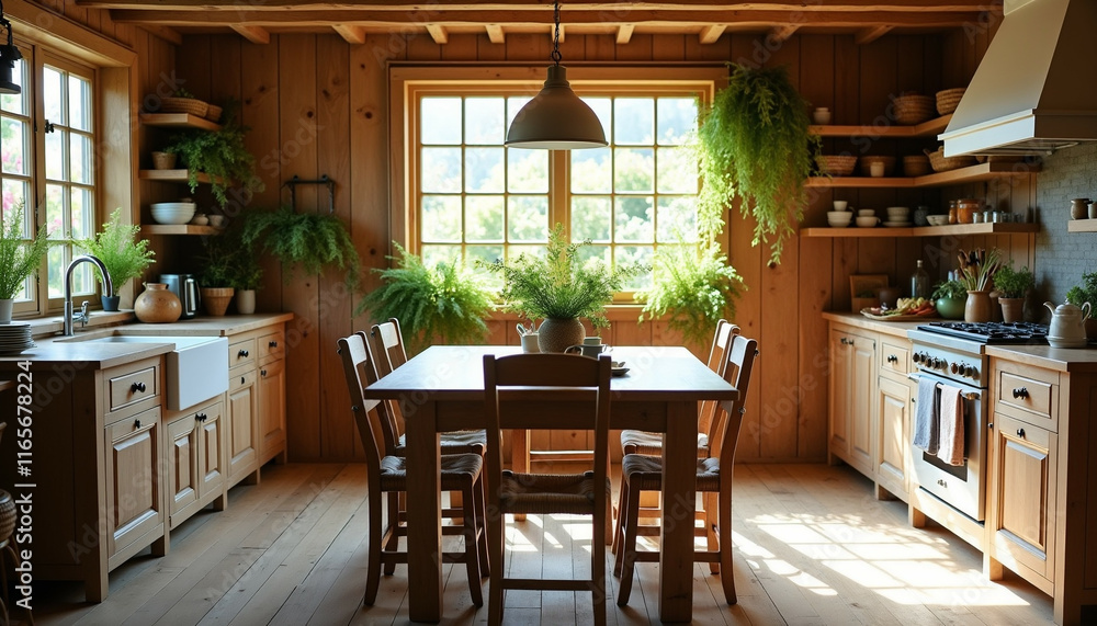 Obraz premium Sunlit wooden kitchen with farmhouse table, plants, and rustic cabinetry.