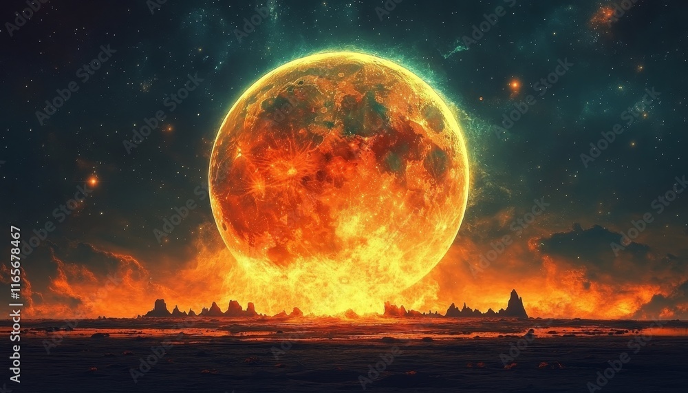 Blazing Moonrise, Apocalyptic Sky, Fiery Landscape Digital Illustration of Surreal End Times Blazing Moonrise, Apocalyptic Sky, Fiery Landscape Digital Illustration of Surreal End Times