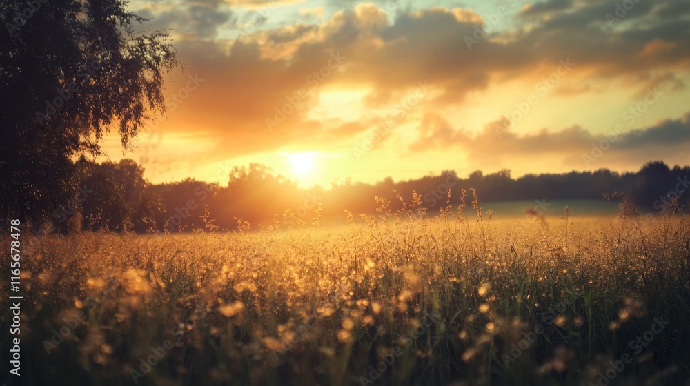 Fototapeta premium Golden Sunrise Over Dew-Kissed Meadow