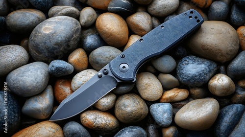 A knife is laying on a pile of rocks photo