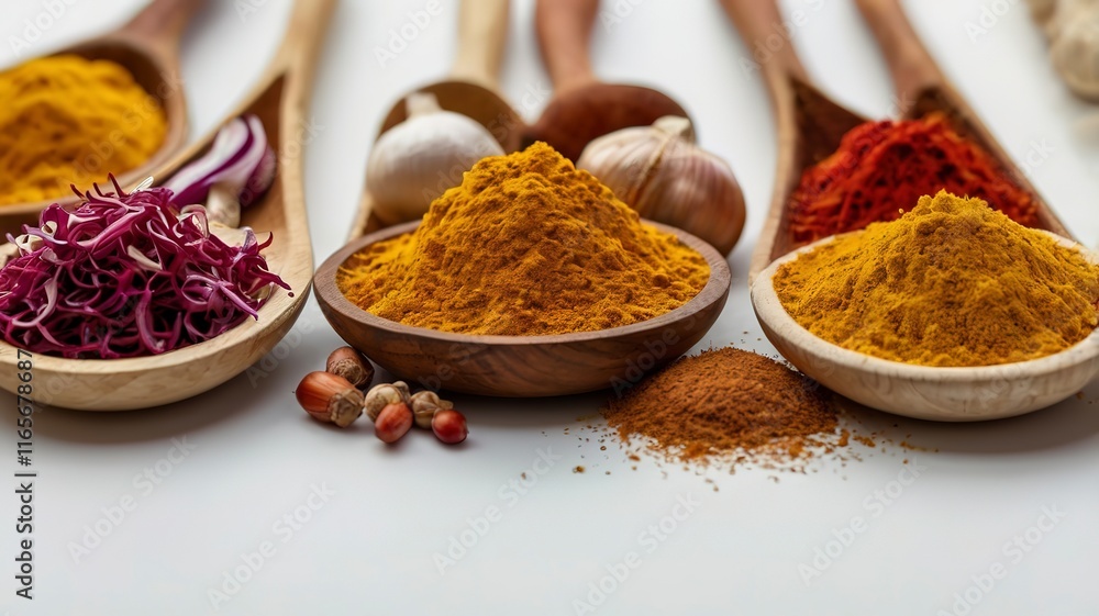 collection of spices and herbs are displayed in a row. The spices include black pepper, cumin, and garlic collection of spices and herbs are displayed in a row. The spices include black pepper, cumin, and garlic