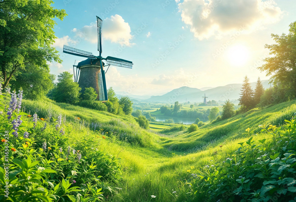 Beautiful landscape with windmill, lush green hills, and vibrant sky during golden hour showcasing nature's tranquility and harmony in rural surroundings Beautiful landscape with windmill, lush green hills, and vibrant sky during golden hour showcasing nature's tranquility and harmony in rural surroundings