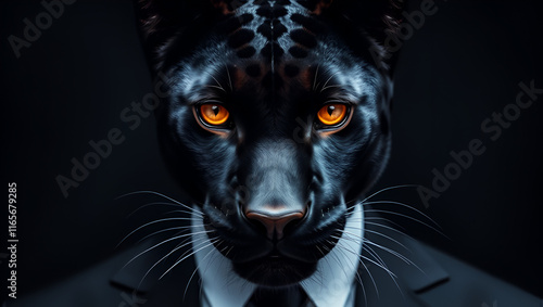 A black panther in a suit, with golden eyes, stares intently at the camera.  The image conveys power, elegance, and mystery. photo