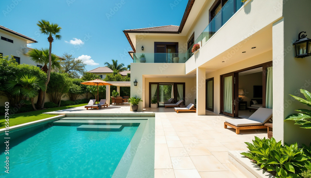 Luxury villa with private pool, patio, and lush tropical landscaping. Enjoy the ultimate vacation retreat. Luxury villa with private pool, patio, and lush tropical landscaping. Enjoy the ultimate vacation retreat.