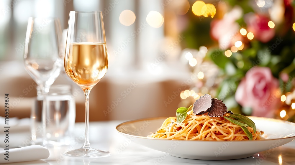 Romantic dinner setting with spaghetti, truffle, and white wine. Romantic dinner setting with spaghetti, truffle, and white wine.
