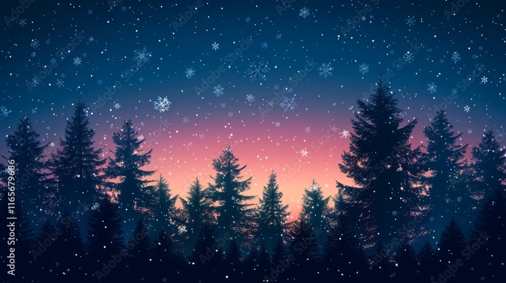 Serene winter forest scene with falling snow and a gradient sky at dusk. Serene winter forest scene with falling snow and a gradient sky at dusk.