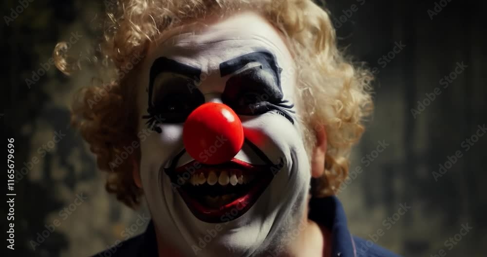 sinister clown with exaggerated features, creepy eyes, and red nose, laughing hysterically in a dark sinister clown with exaggerated features, creepy eyes, and red nose, laughing hysterically in a dark