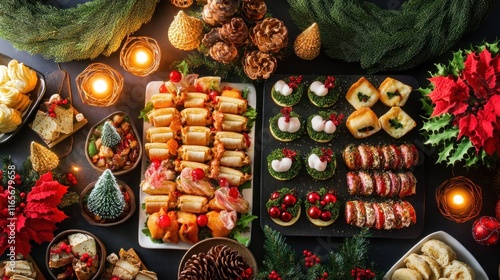 A vibrant display of Christmas appetizers and finger foods, with intricate holiday-themed plating, surrounded by wreaths, glowing lanterns, and tiny Christmas trees