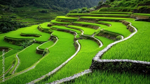 Serene view of rice terraces bathed in golden light, exuding timeless rhythm, patience, serenity, balance photo