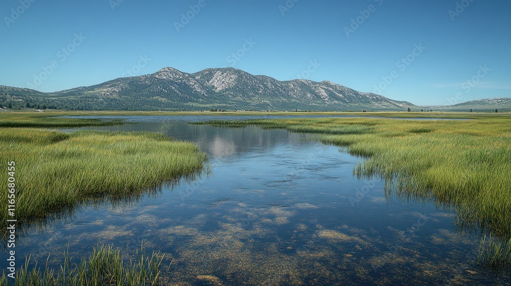 Serene lake reflecting mountains, lush vegetation. Serene lake reflecting mountains, lush vegetation.