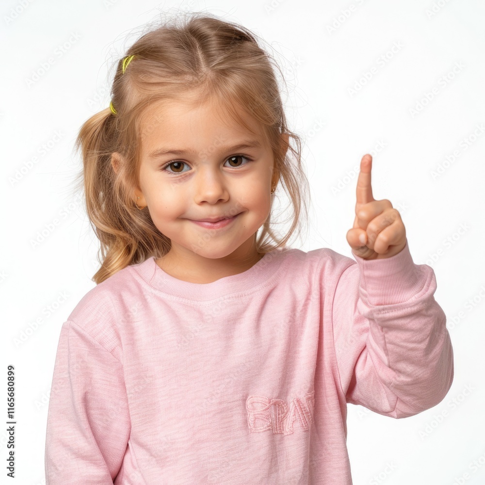 Adorable toddler girl in pink sweatshirt points up, smiling sweetly. Adorable toddler girl in pink sweatshirt points up, smiling sweetly.