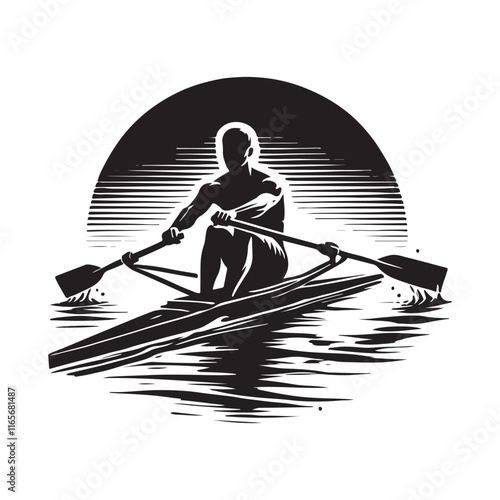 Rowing Silhouette Vector Illustration, Solid White Background.