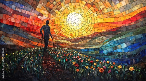 A breathtaking stained glass depiction of the Parable of the Sower, the farmer sowing seeds with grace, a golden sunrise casting divine light over a fertile field, photo