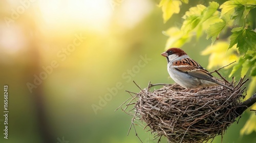 Sparrow building a nest in a quiet grove, each twig placed carefully, patience, serenity, balance