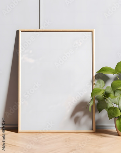 A wooden picture frame, a blank white poster for text, placed on a white wall, with potted plants.