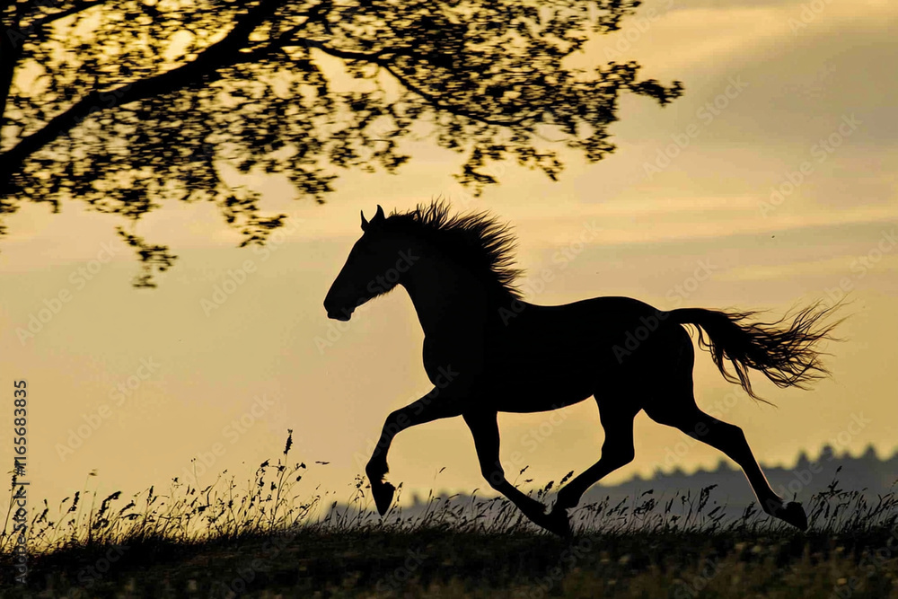 Running horse silhouette against sunset sky Running horse silhouette against sunset sky