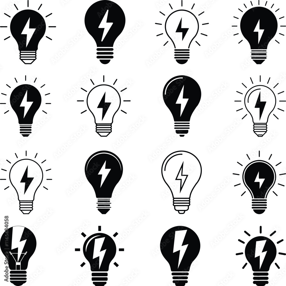 Lightning in light bulb icon Silhouette. Light bulb symbol with a lightning bolt inside. Vector illustration. Lightning in light bulb icon Silhouette. Light bulb symbol with a lightning bolt inside. Vector illustration.