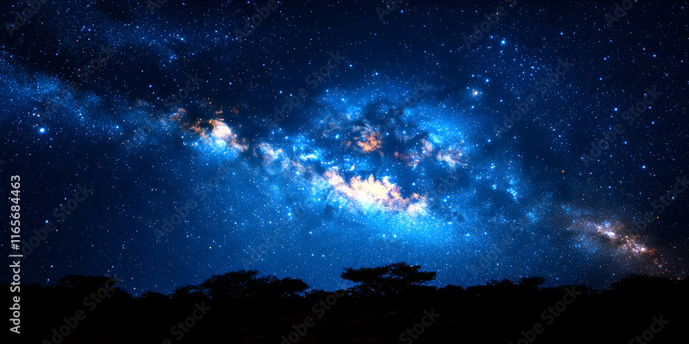 Milky Way galaxy over dark silhouetted trees at night. Milky Way galaxy over dark silhouetted trees at night.