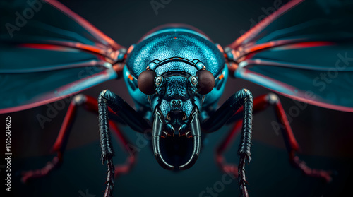 Epic architectural color photograph of a massive insect in rich deep teal, bathed in luxurious vibrant lens glow lighting, displaying sharp lines, detailed structures, and a wide angle photo