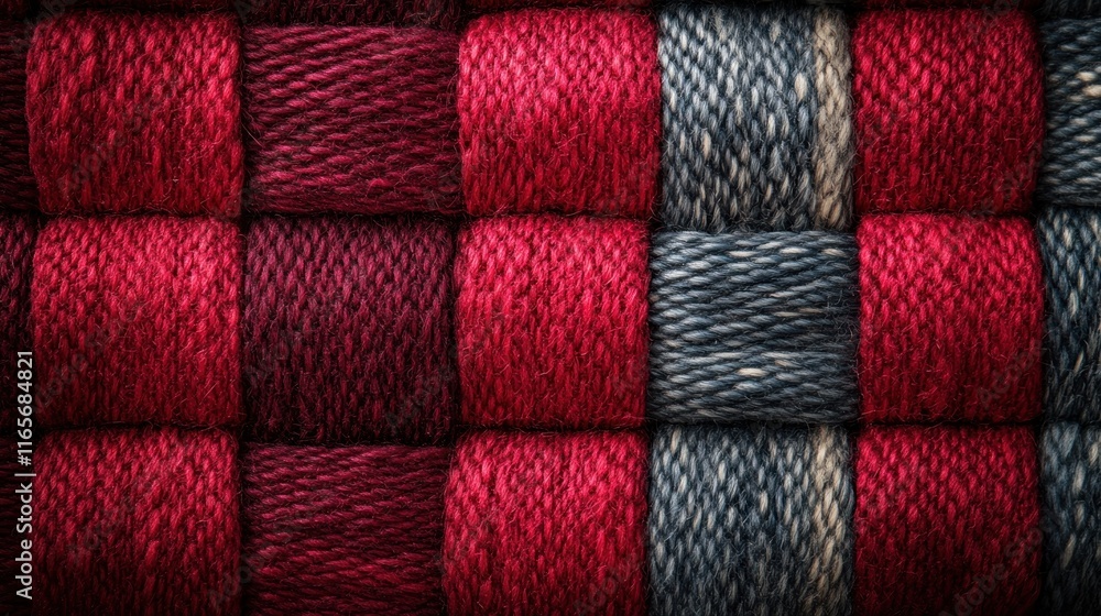 Woven yarn, red and gray, textured background. Woven yarn, red and gray, textured background.
