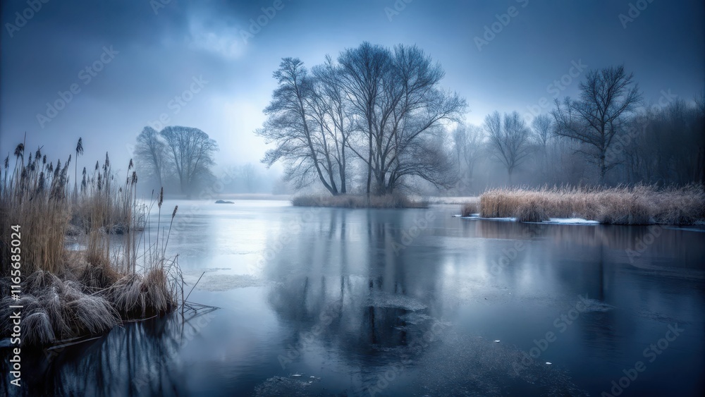 Serene Winter Landscape Frosty Reeds and Frozen Pond Reflecting Leafless Trees in a Misty Dawn Serene Winter Landscape Frosty Reeds and Frozen Pond Reflecting Leafless Trees in a Misty Dawn