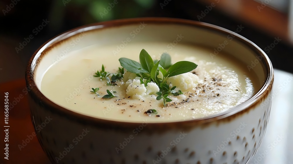 A bowl of soup with a garnish of parsley on top A bowl of soup with a garnish of parsley on top