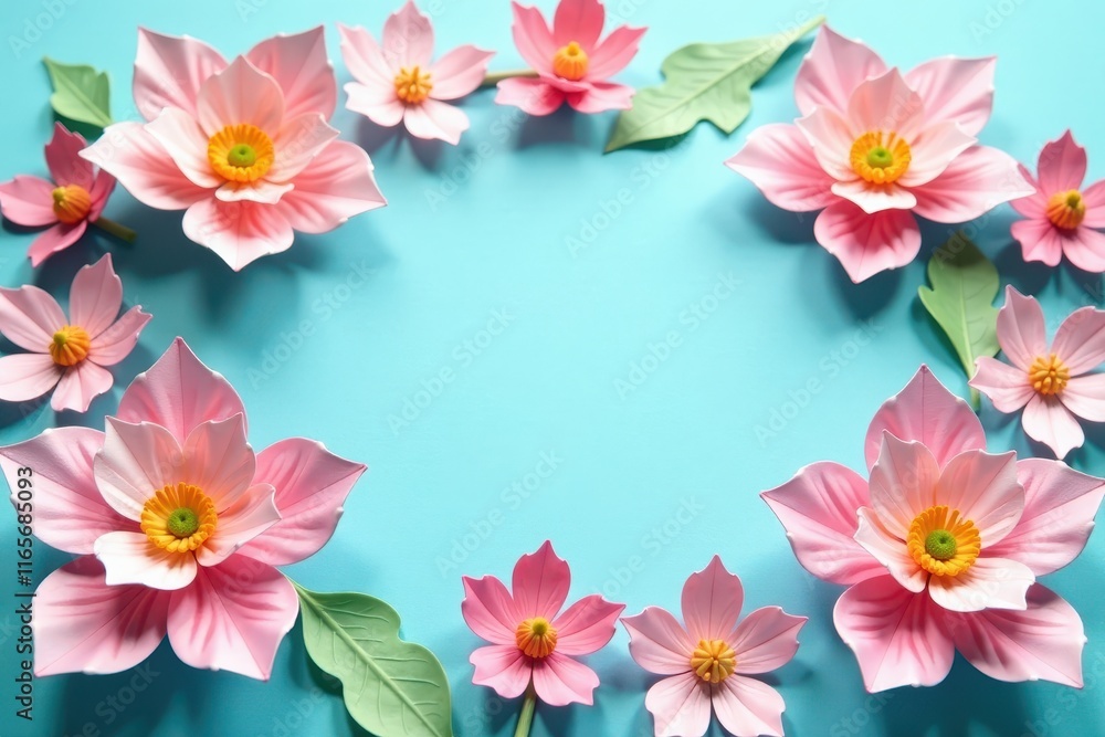 delicate handmade paper flowers on light blue background with empty space in center, flower decor, light blue delicate handmade paper flowers on light blue background with empty space in center, flower decor, light blue