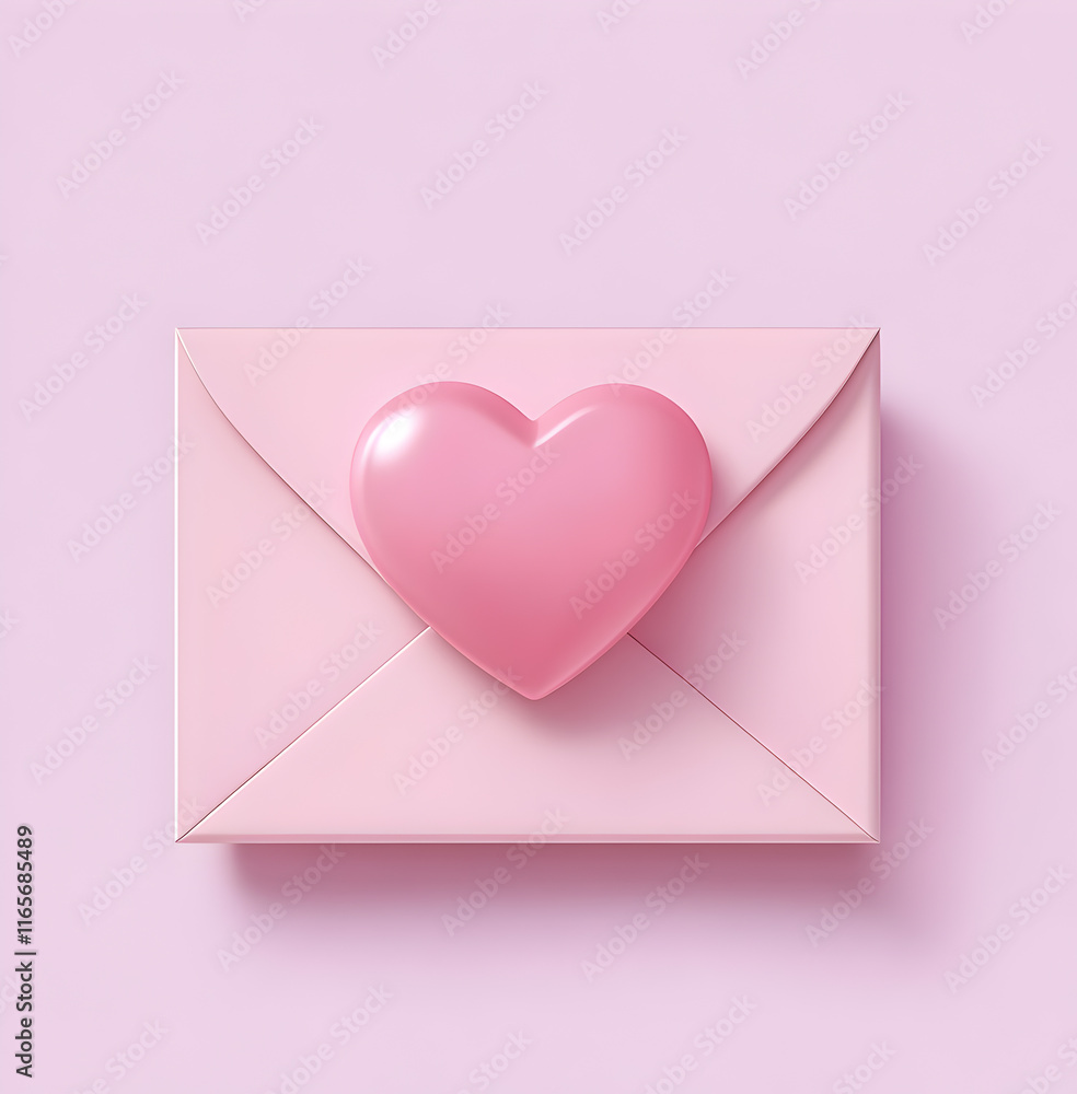 3D Render of a Minimalist Pink Envelope with a Glossy Heart Icon on a Pastel Background, Perfect for Valentine's Day and Romantic Design Projects