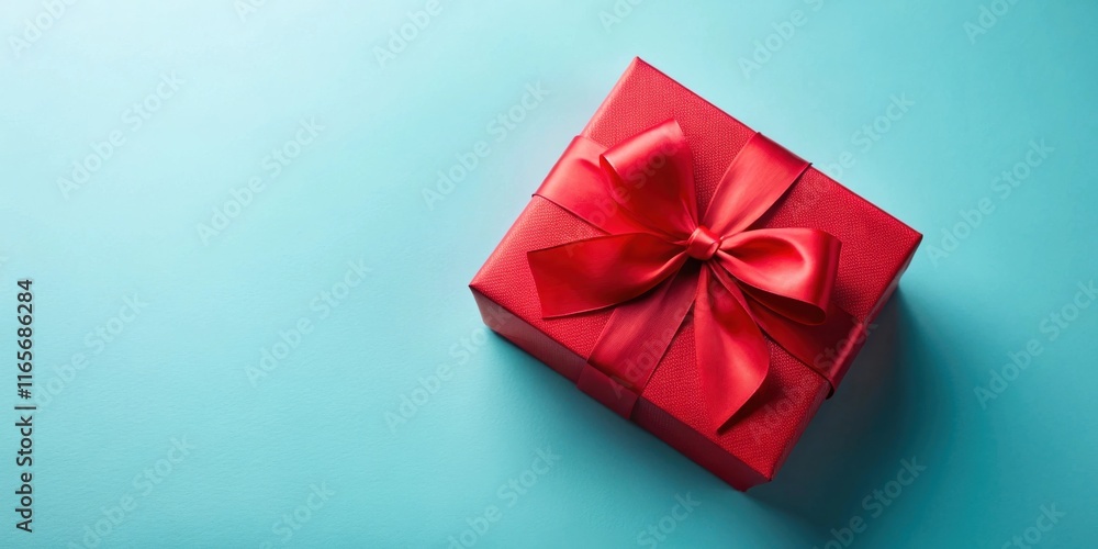 A single red gift box with a bright satin ribbon sits on a solid teal background. A single red gift box with a bright satin ribbon sits on a solid teal background.