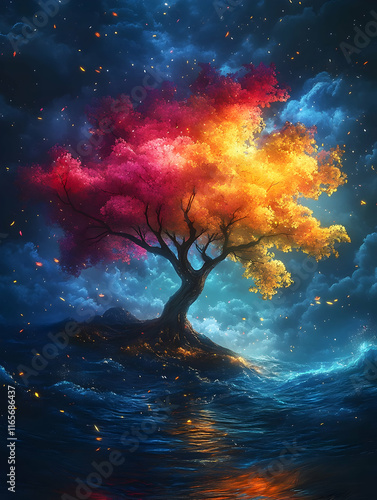 Magical tree with vibrant autumn leaves on a small island in a dark sea under a starry sky.