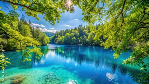 Serene Lake Surrounded by Lush Green Foliage Under a Bright Sunny Sky