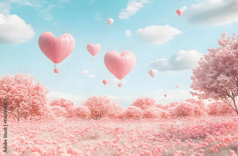 Fototapeta premium Dreamy Valentine's Day Landscape with Pink Heart-Shaped Hot Air Balloons Floating Above a Scenic Field of Blossoming Flowers and Soft Pastel Skies