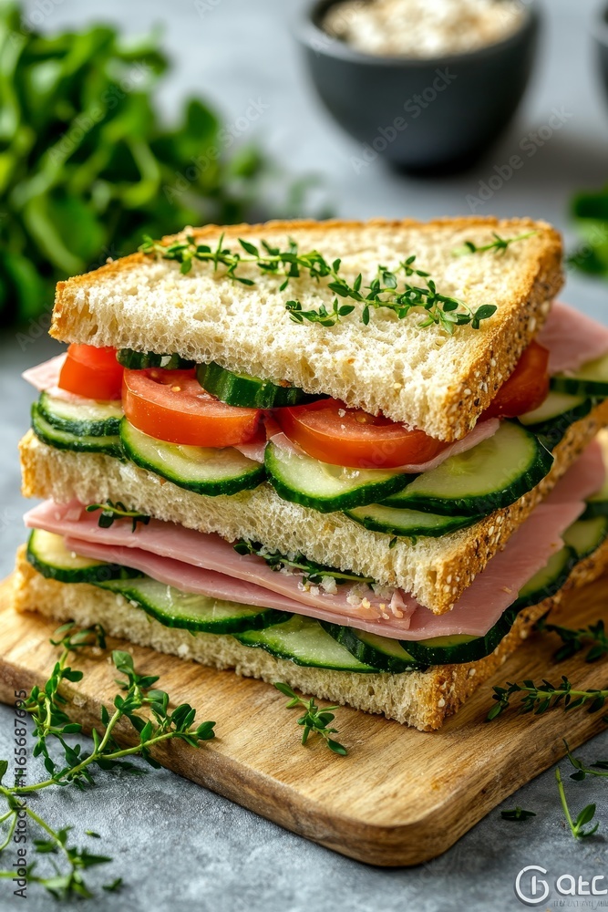Inviting Gourmet Ham and Fresh Vegetable Sandwich on Artisan Bread, Delicious Summer Meal