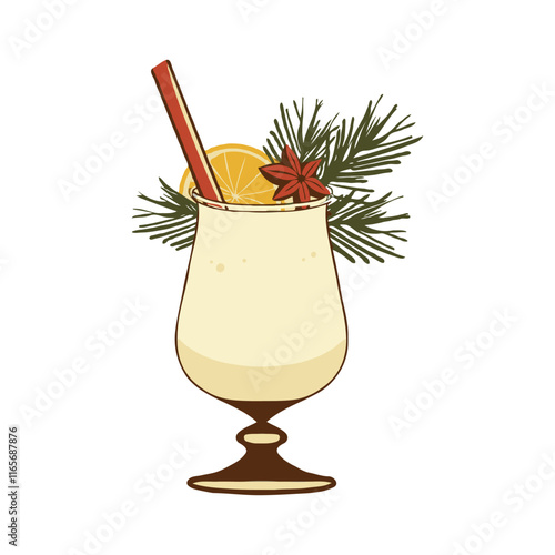Eggnog beverage with cinnamon and orange garnish on white background. Concept of Christmas celebration