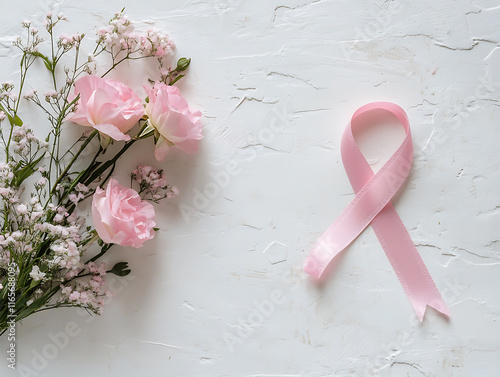 Pink ribbon breast cancer symbol with flowers decoration background photo