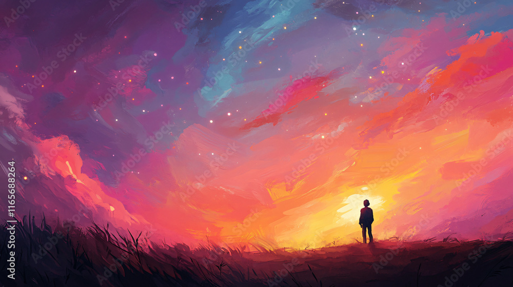 Fototapeta premium A solitary person gazes at the colorful sky during sunset, feeling connected to the universe.