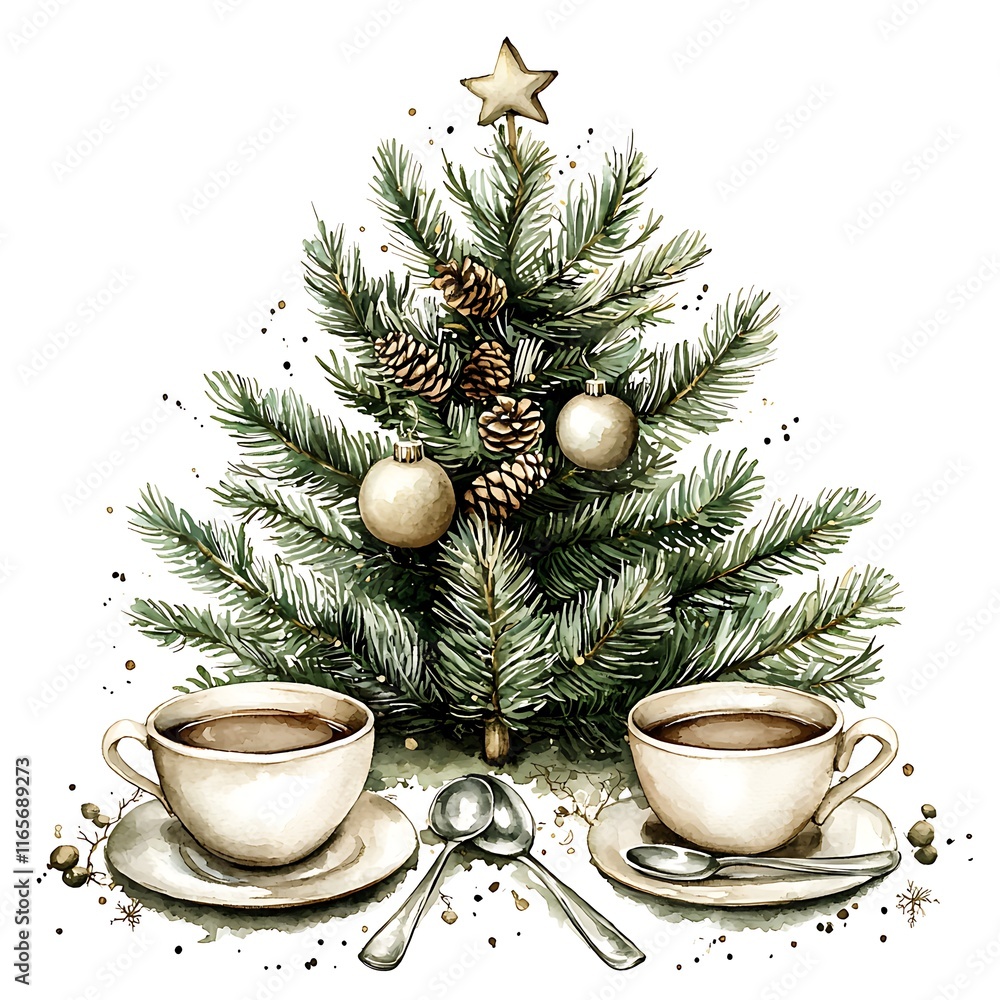 Watercolor painting of two cups of coffee with a miniature Christmas tree decorated with pine cones and ornaments. Watercolor painting of two cups of coffee with a miniature Christmas tree decorated with pine cones and ornaments.