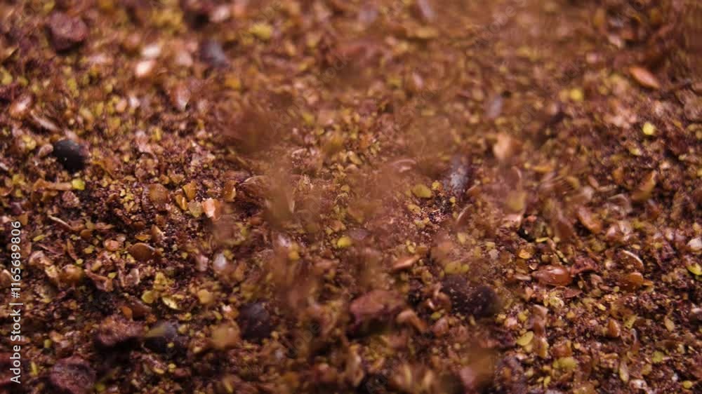 Macro shot of a homemade baking mix featuring crushed cocoa, flaxseeds and dry black chokeberry pieces falling in slow motion. Natural ingredients. Rotation Macro shot of a homemade baking mix featuring crushed cocoa, flaxseeds and dry black chokeberry pieces falling in slow motion. Natural ingredients. Rotation