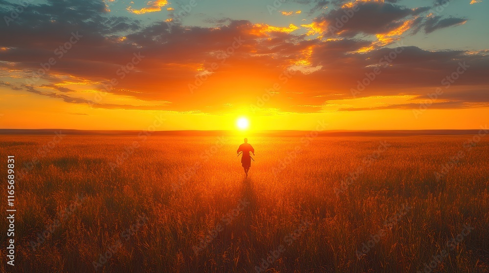 Fototapeta premium Silhouette of a person walking in a golden wheat field at sunset.