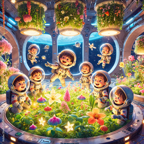 A heartwarming animated scene of children in astronaut suits joyfully exploring a lush and vibrant space garden in zero gravity aboard a futuristic space station.